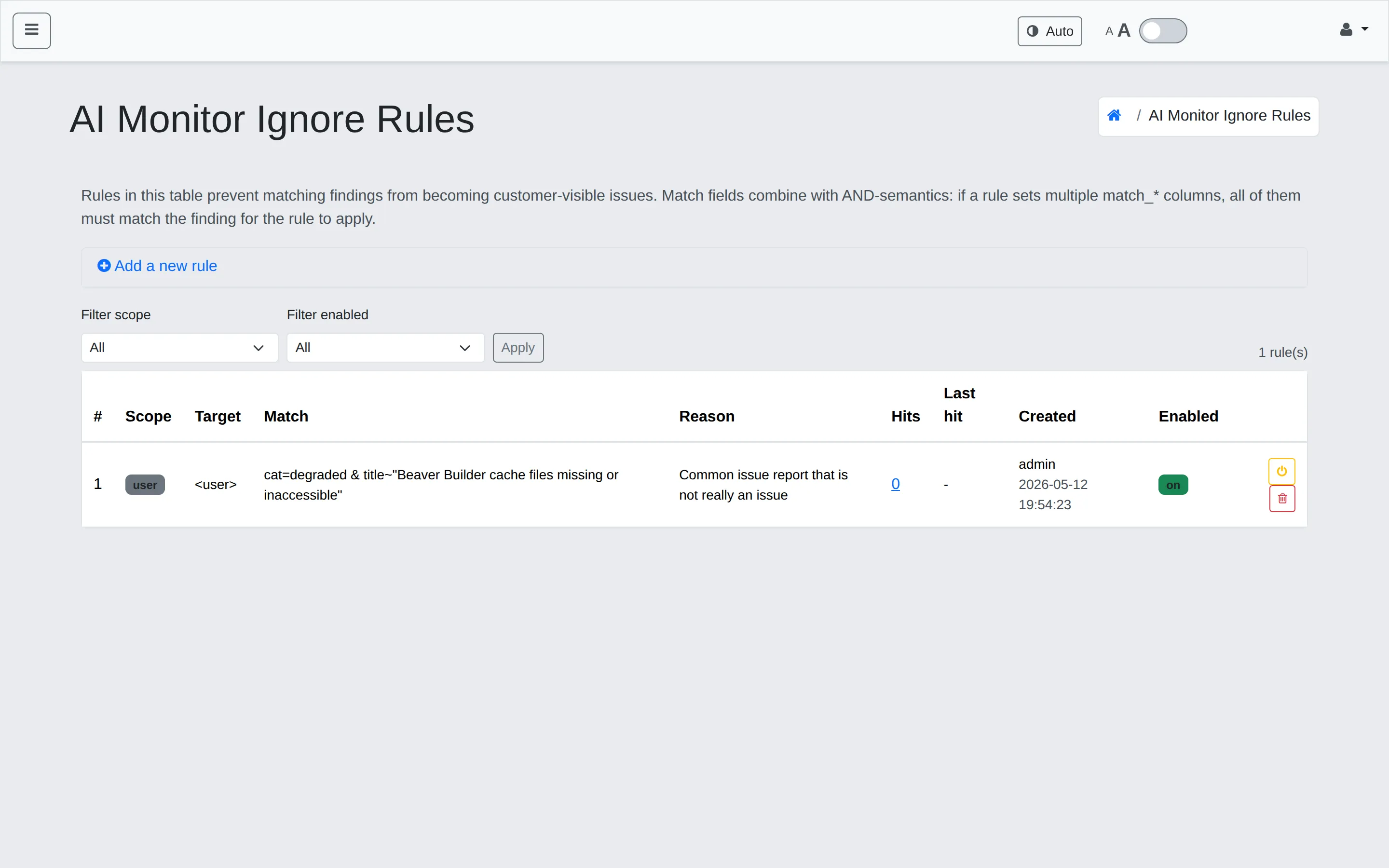 AI Monitor Ignore Rules page