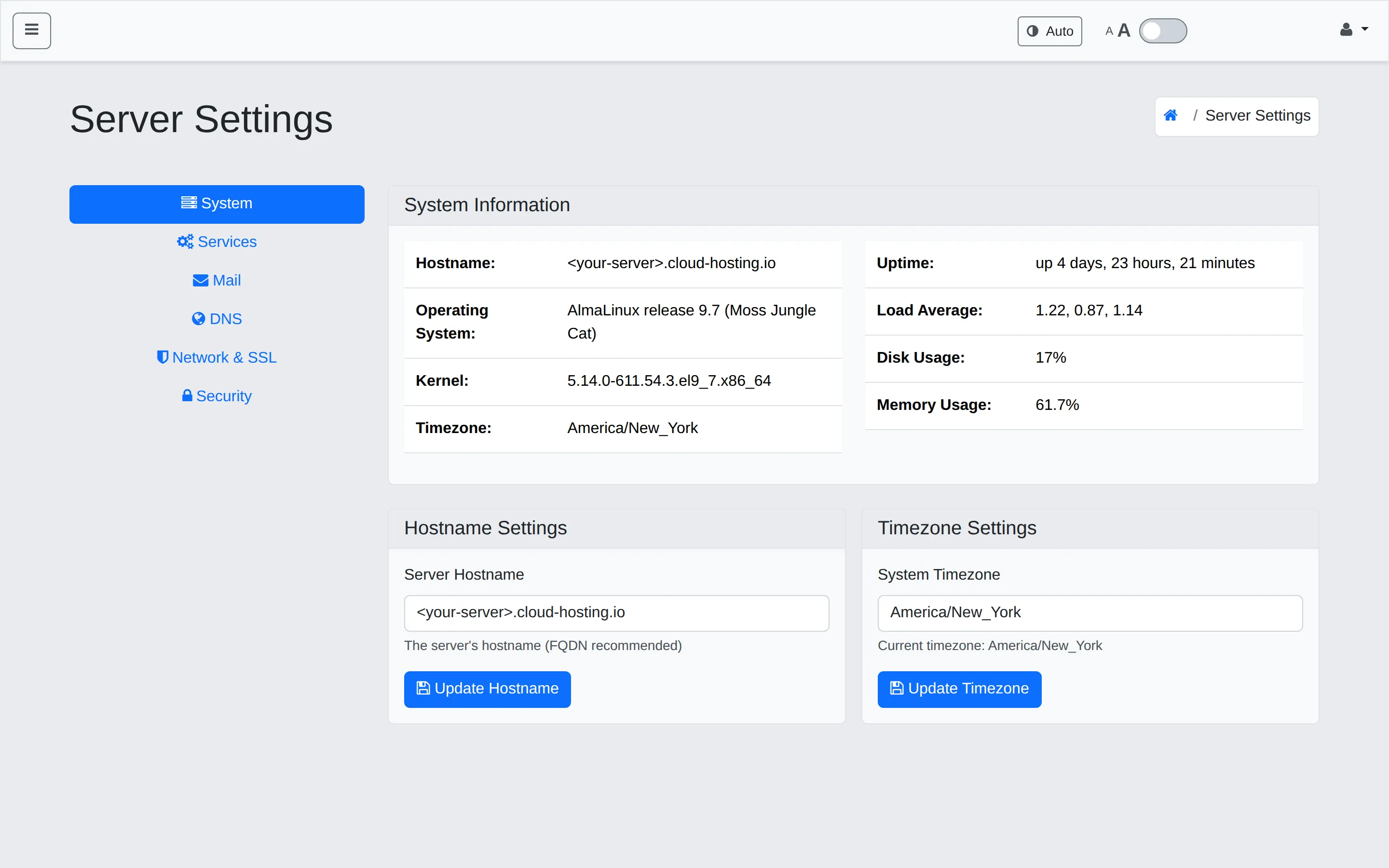 Server Settings — System tab