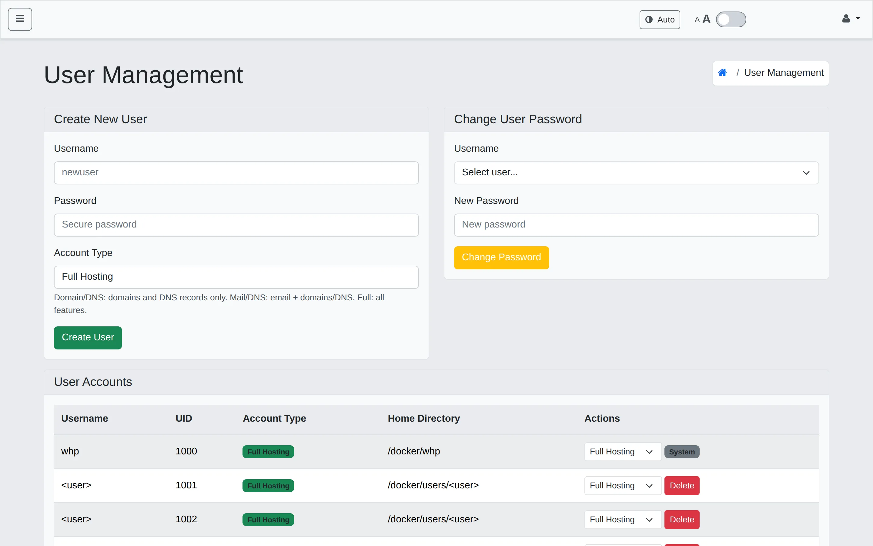 WHP User Management page