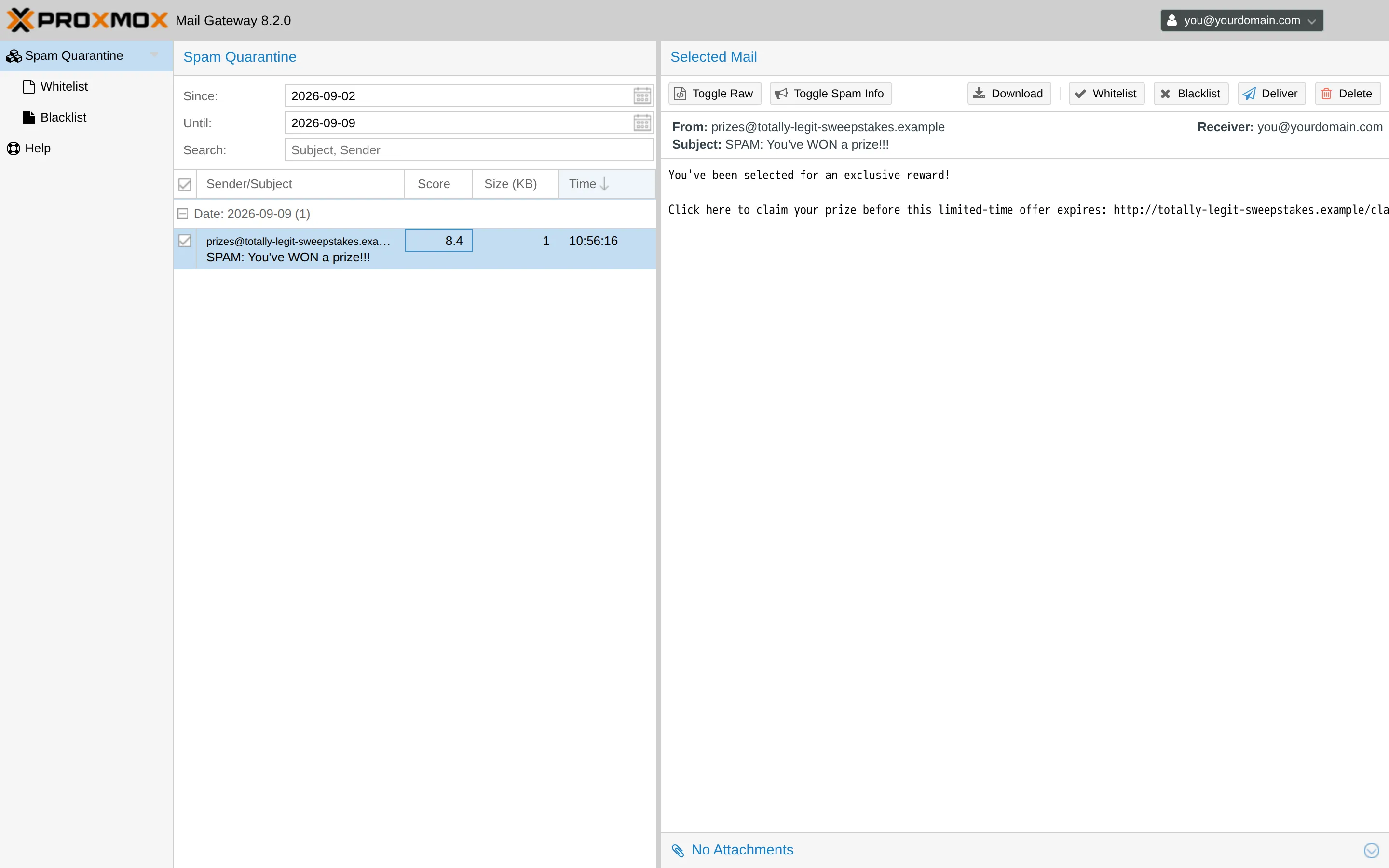 A held message selected, showing its content and the Whitelist, Blacklist, Deliver, and Delete buttons