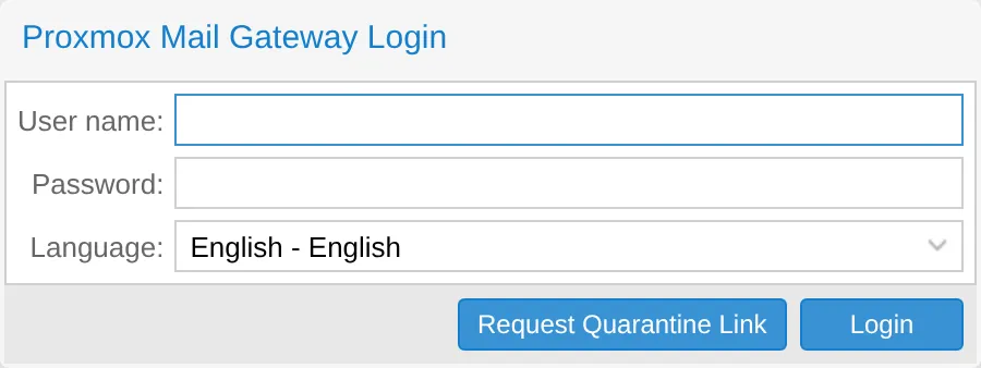 The mail filtering portal's login screen, with Request Quarantine Link next to Login