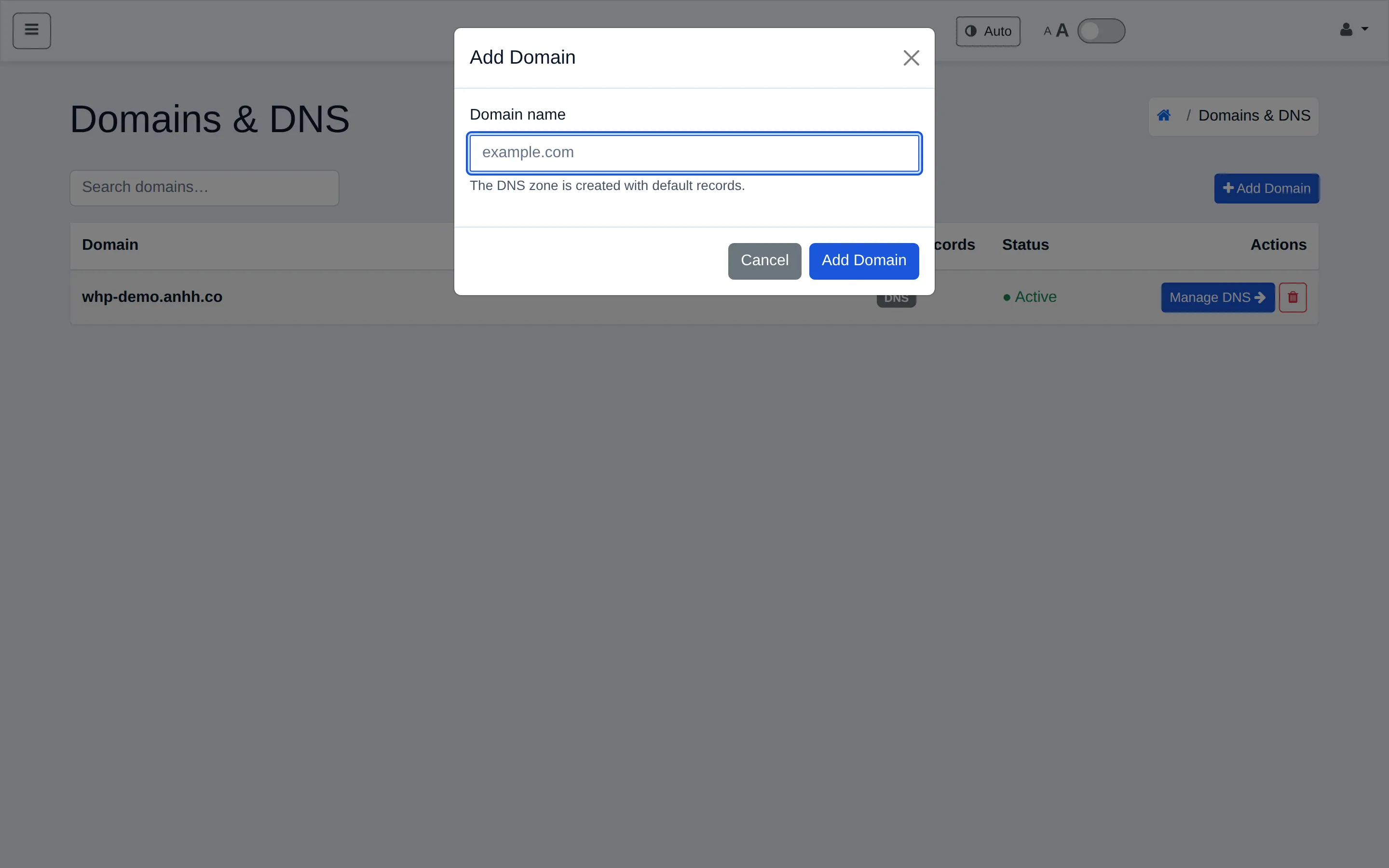 Add Domain dialog