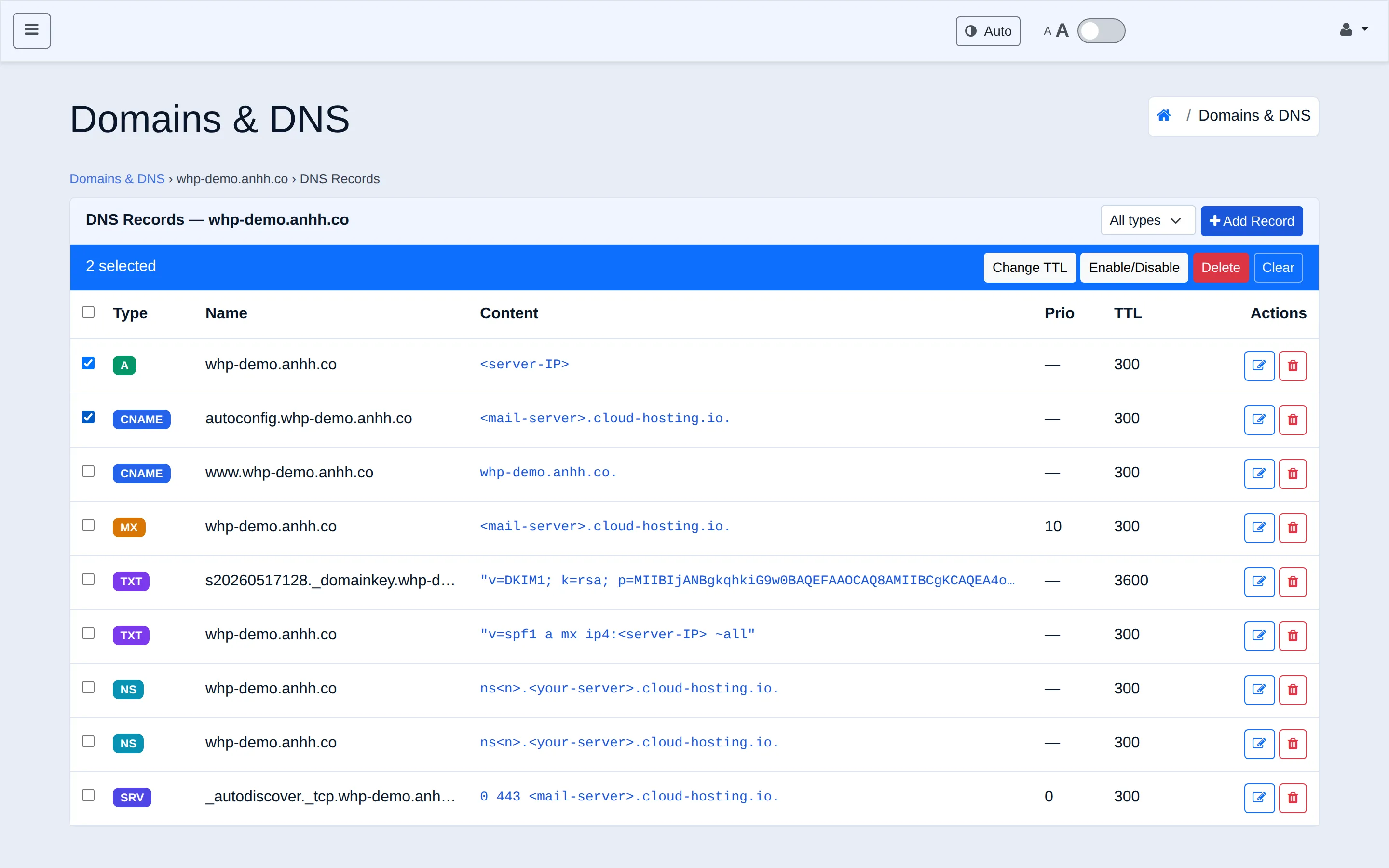 Bulk actions on selected DNS records