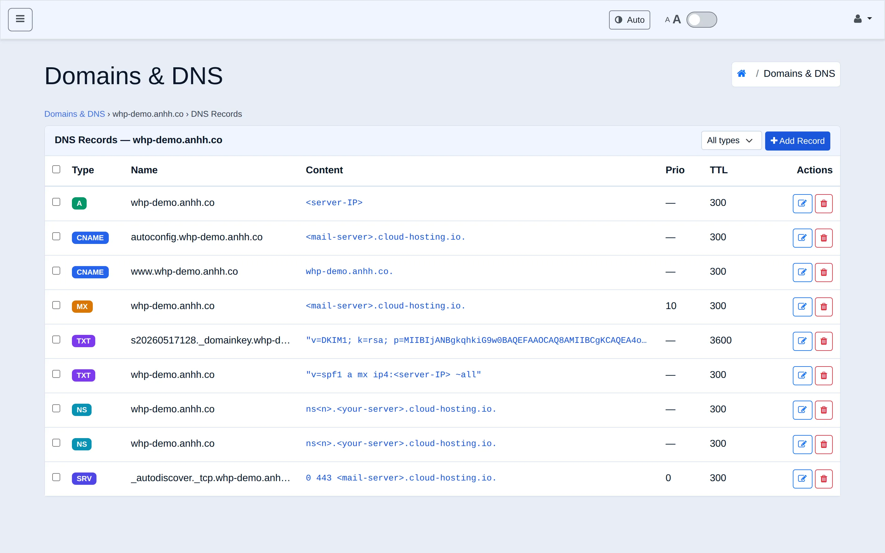 DNS records editor for a domain