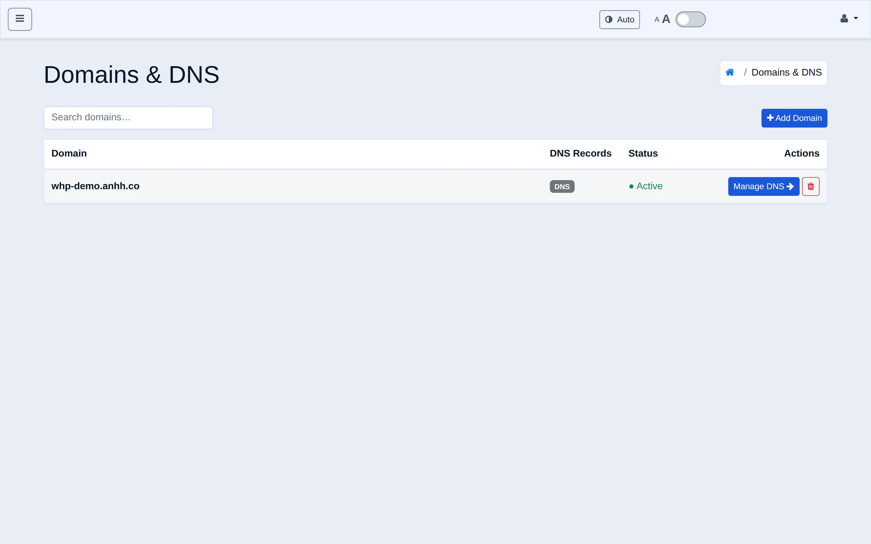 WHP Domains & DNS page