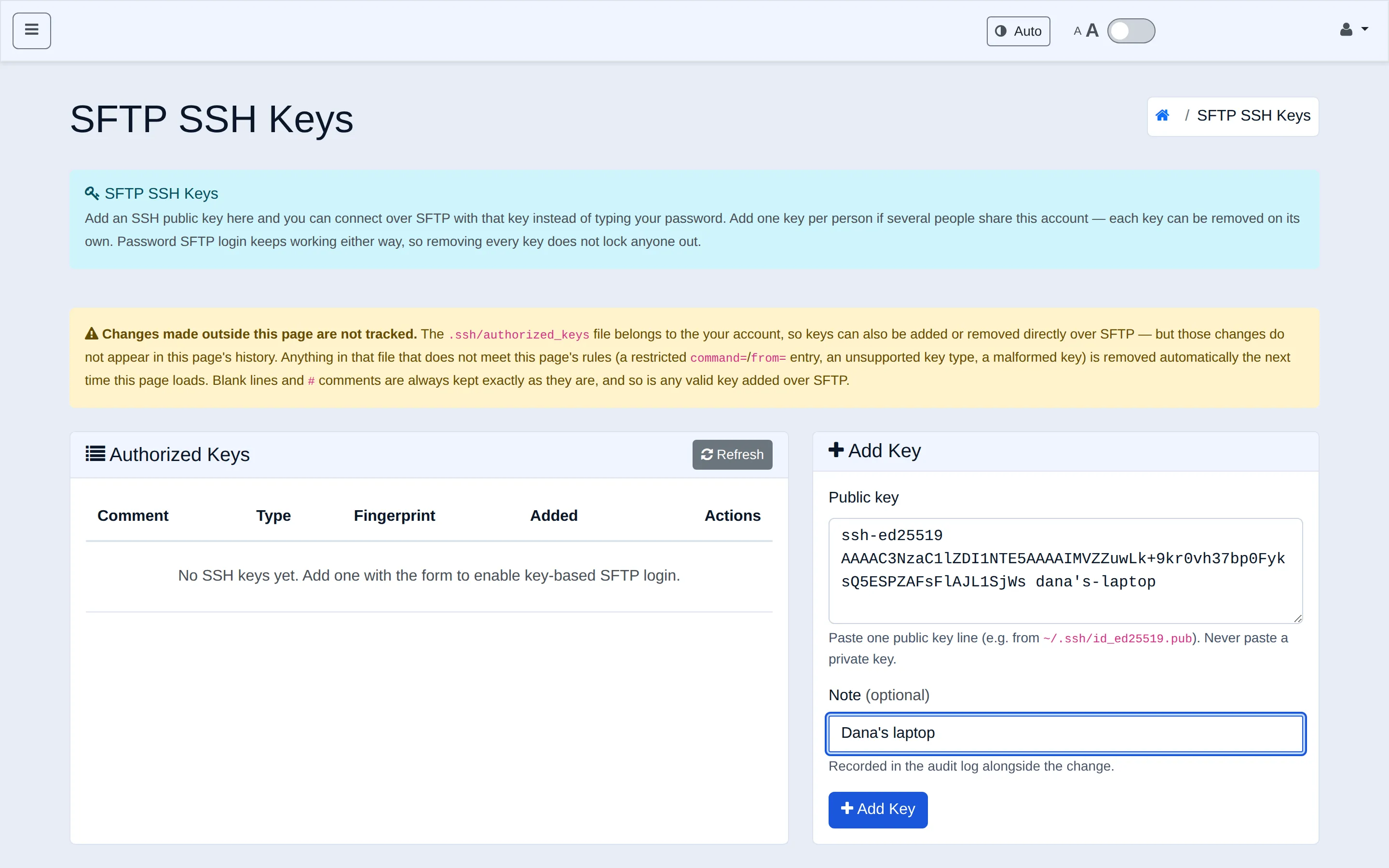 Add Key form filled in with a public key and a note