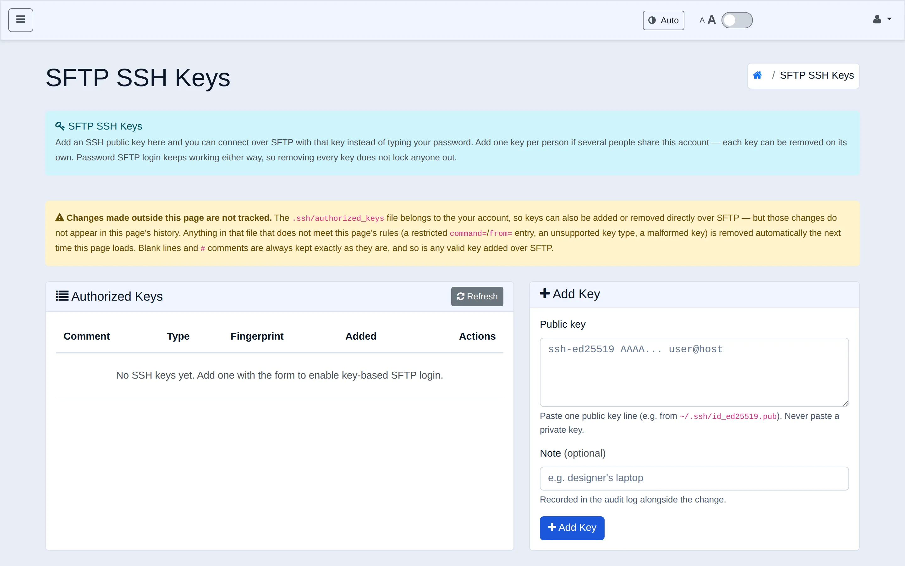 WHP SFTP SSH Keys page with no keys added yet