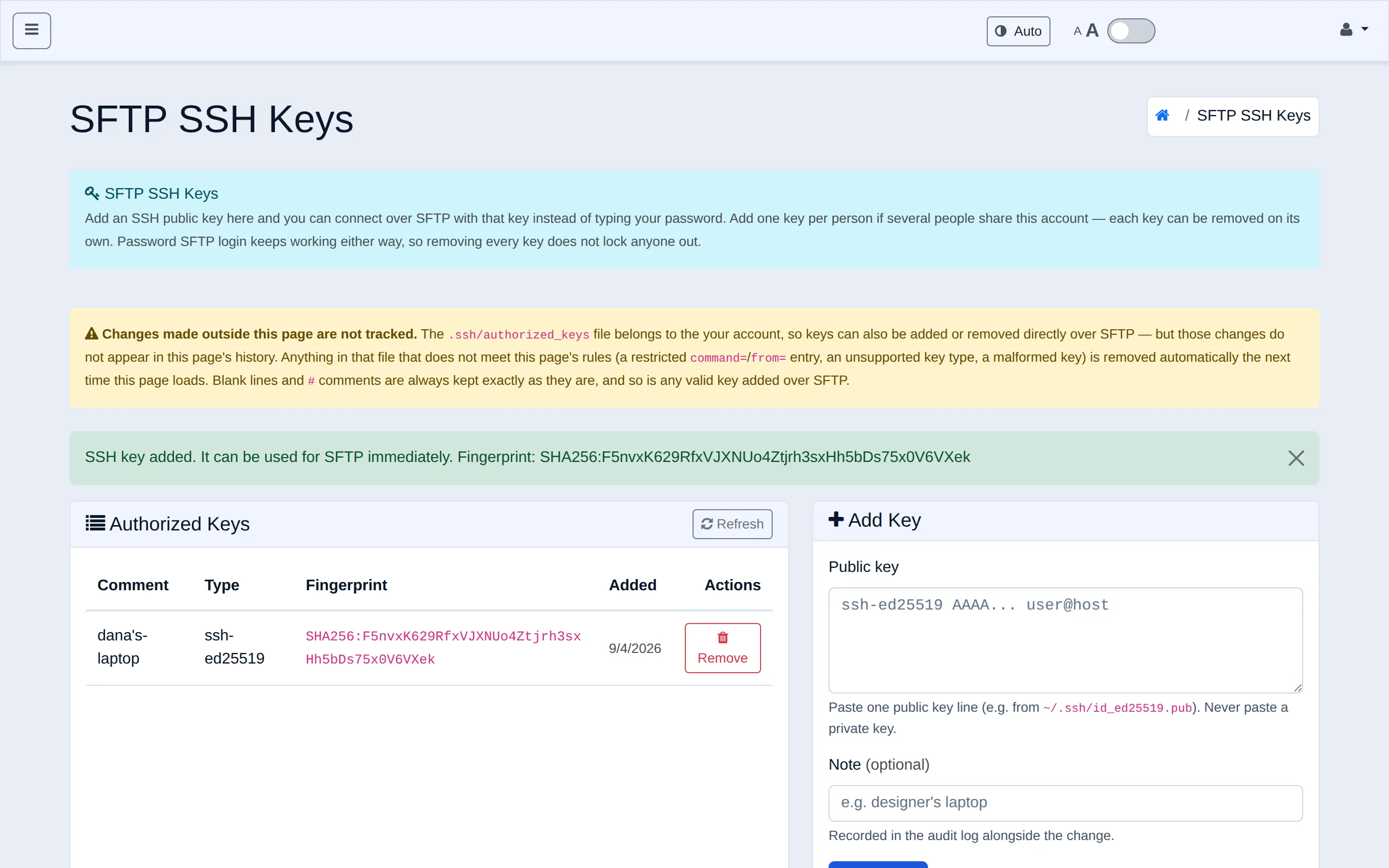 Authorized Keys table showing one added key