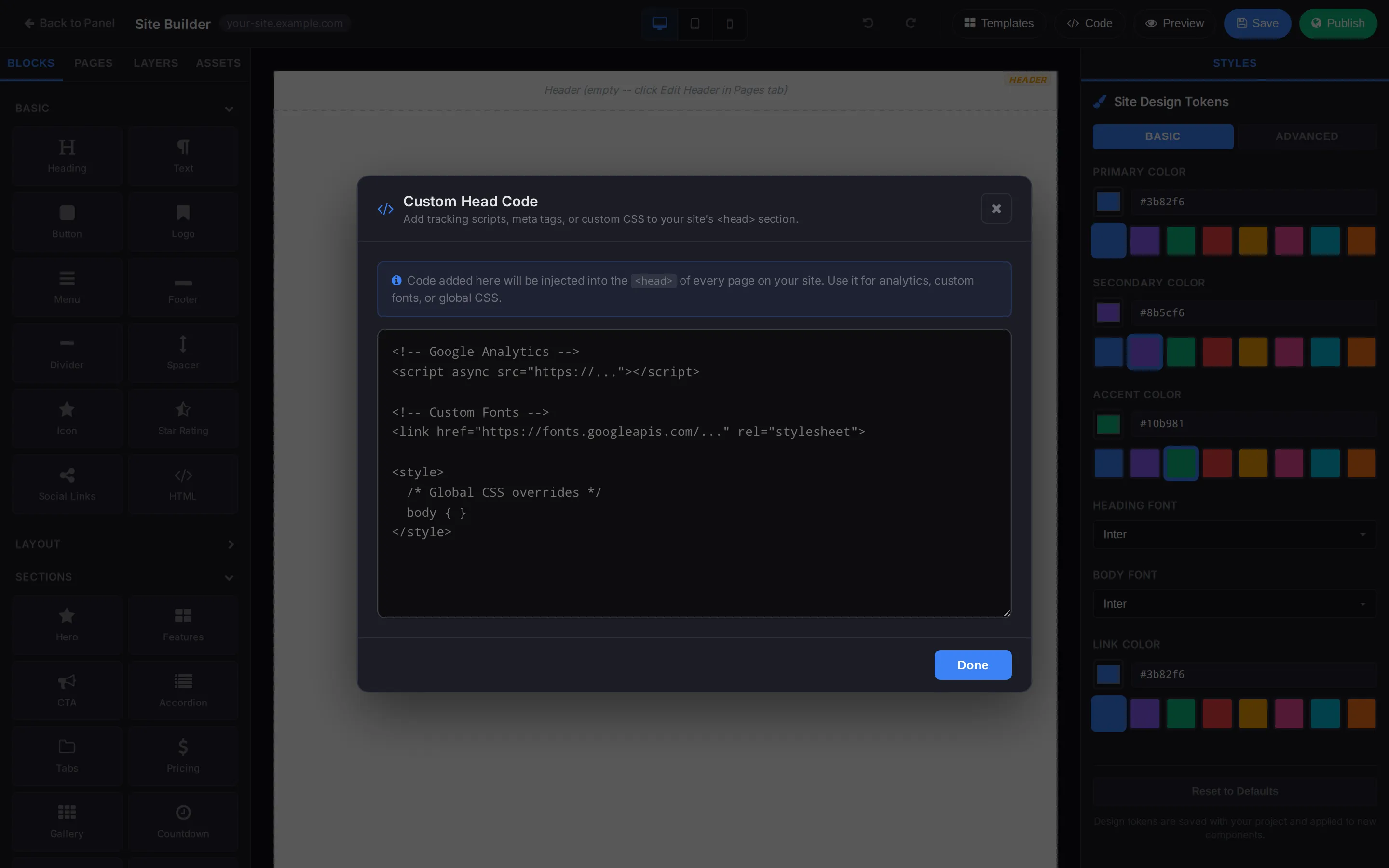 Custom head code editor