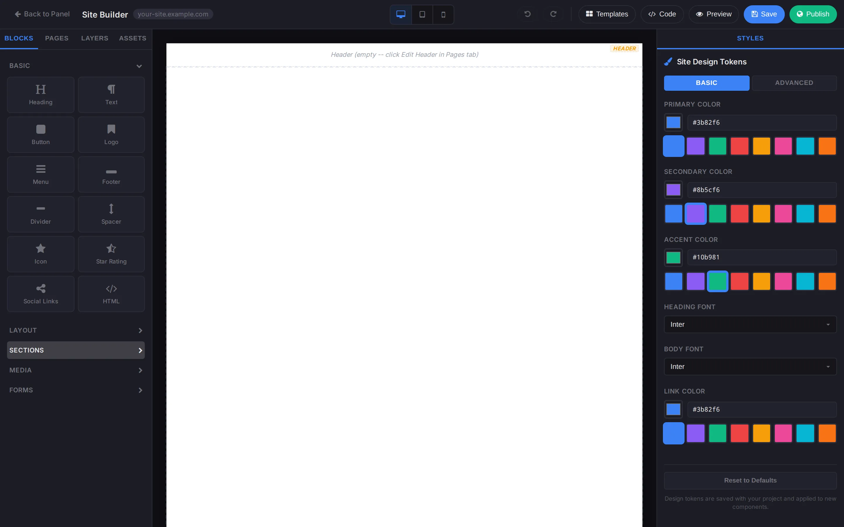 Styles panel — Site Design Tokens