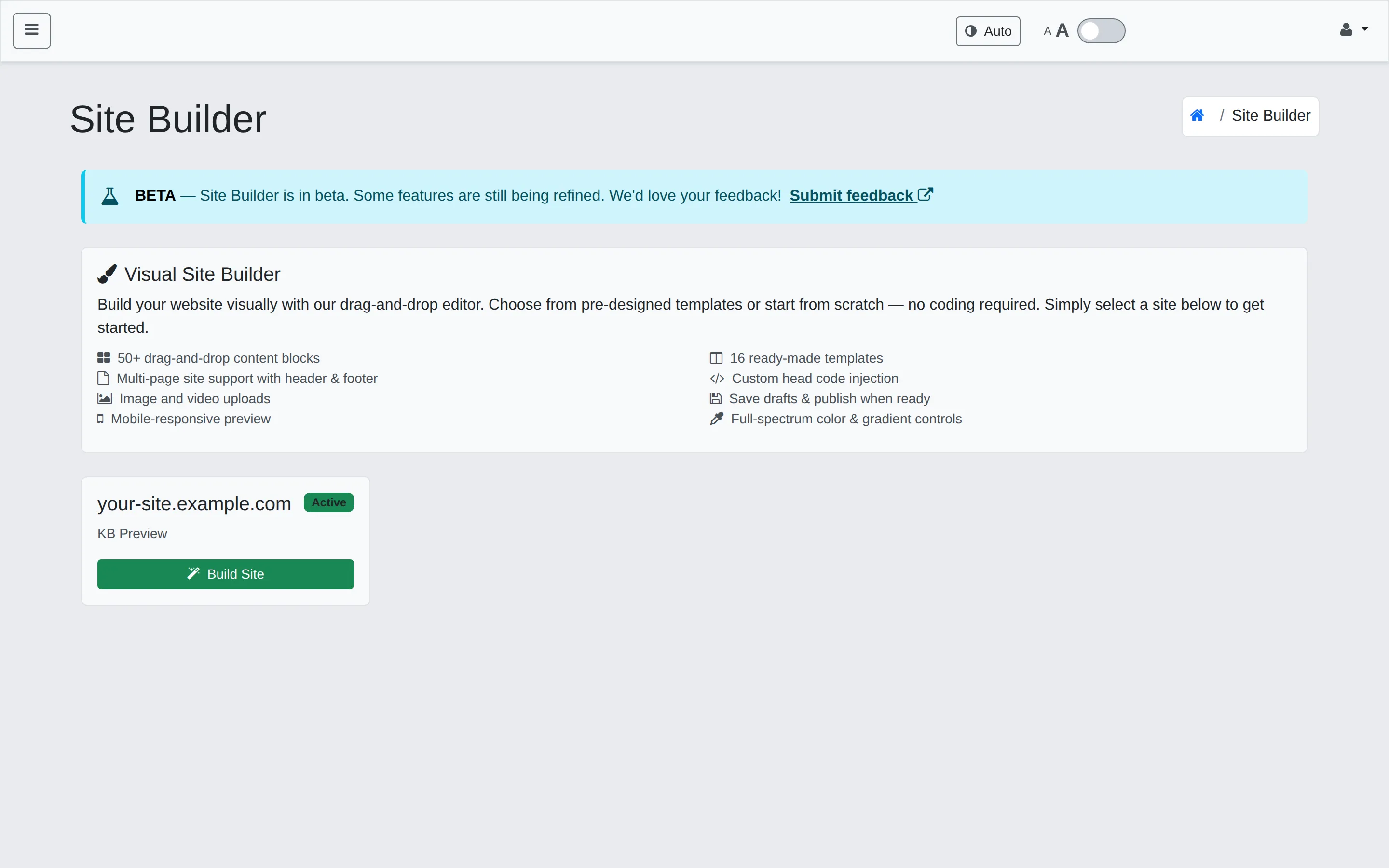 Site Builder landing — list of your sites
