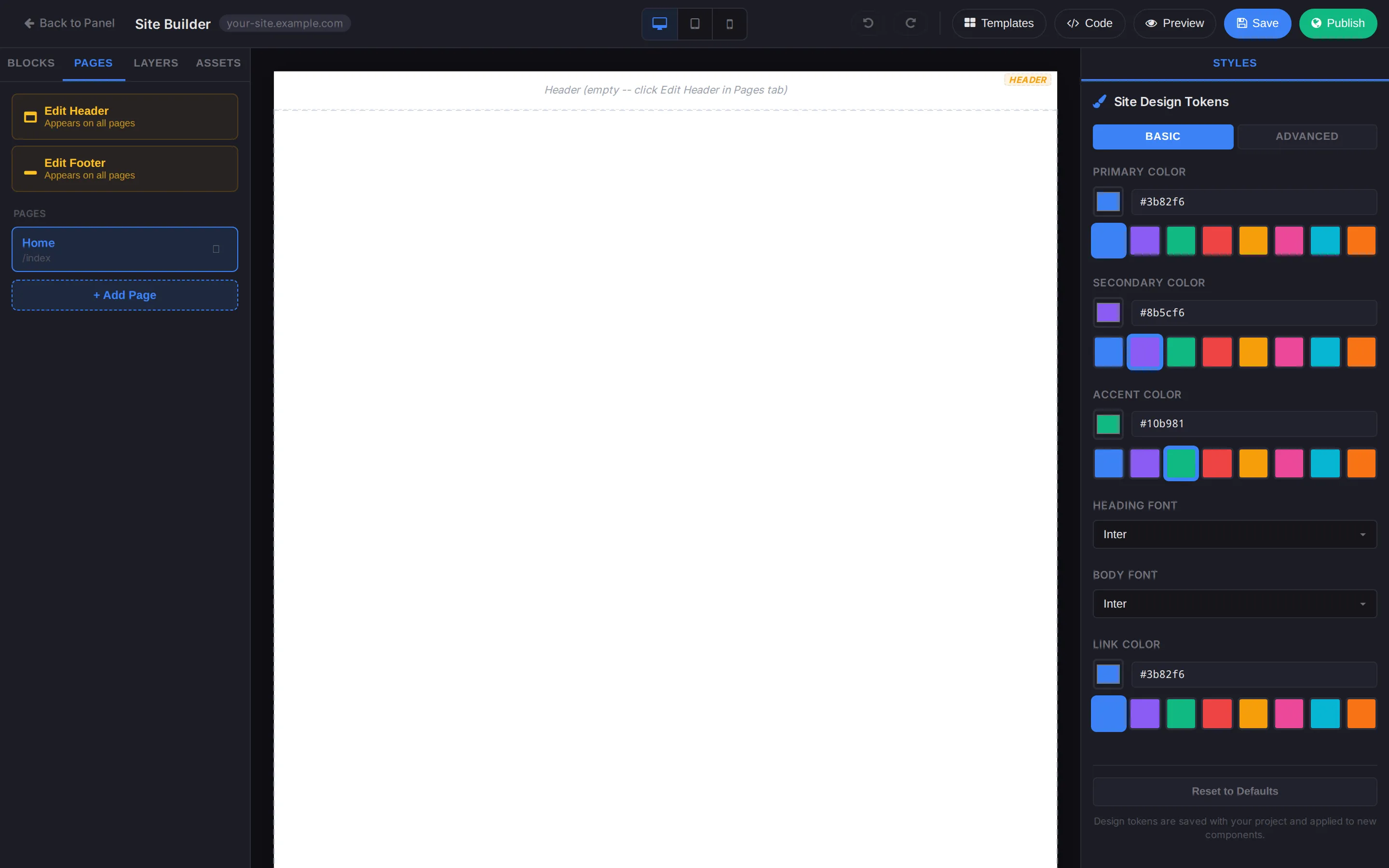 Pages panel with Edit Header / Edit Footer + page list